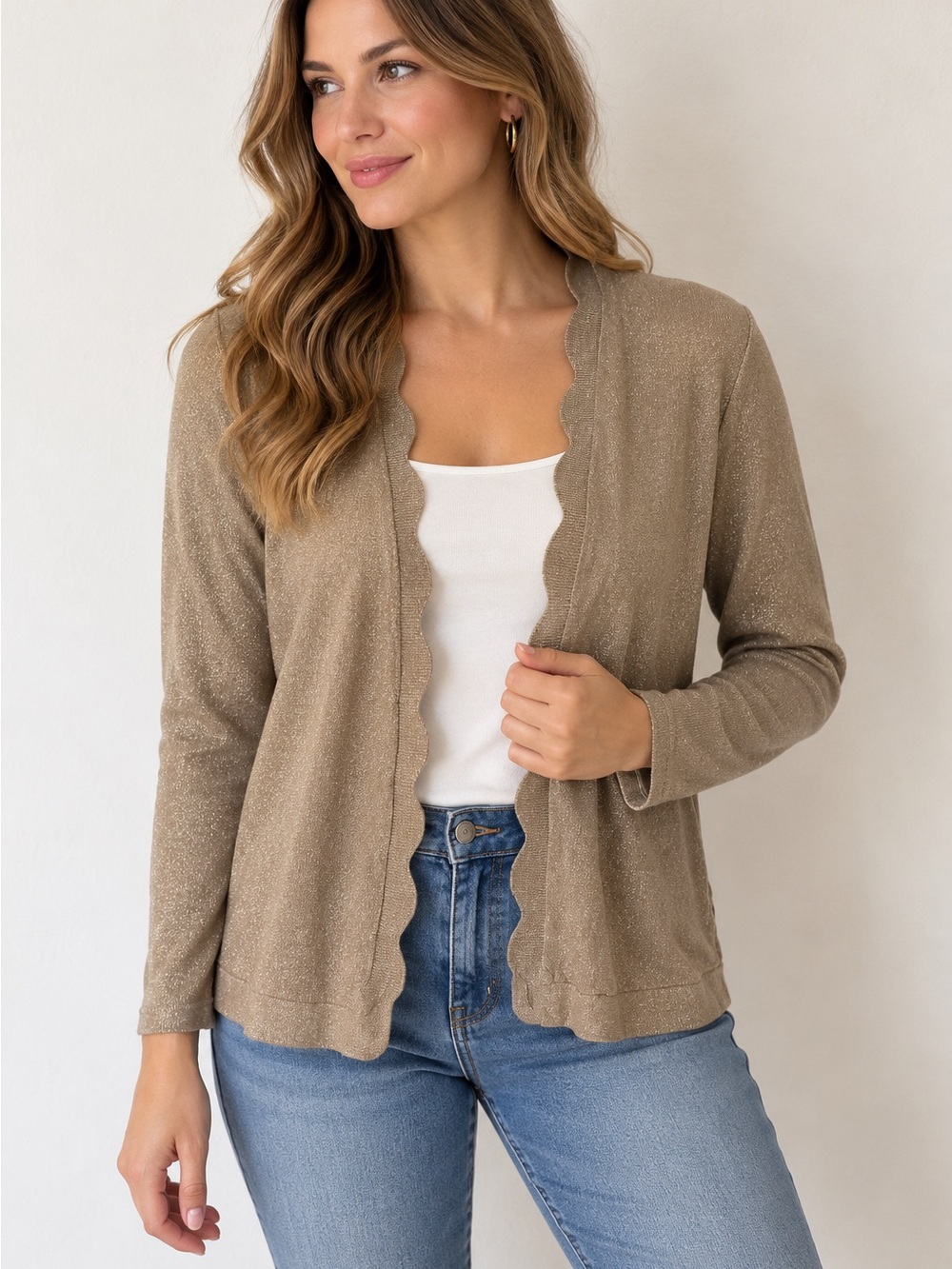 Cable & Gauge Taupe Scallop-Trim Open Cardigan